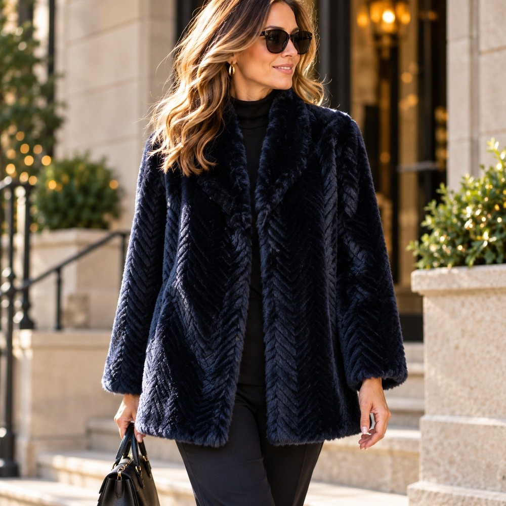 Jacques Vintage Faux Fur Coat Chevron Plush Overcoat Blue Made in USA Women's M
